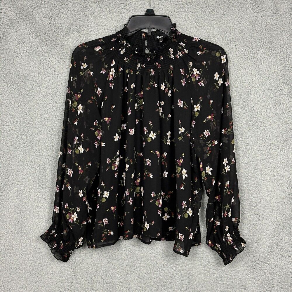 Floral Smocked High-Neck Blouse - Black